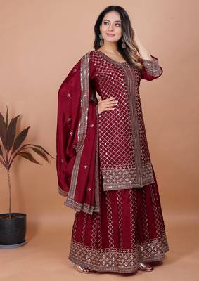 MAROON CHINON SILK  PARTY WEAR SUIT SET  3