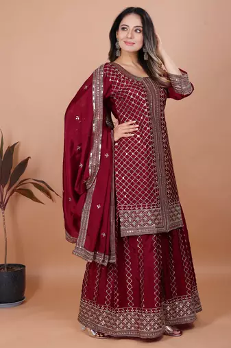 MAROON CHINON SILK  PARTY WEAR SUIT SET 