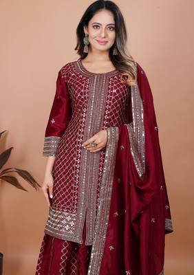 MAROON CHINON SILK  PARTY WEAR SUIT SET  4