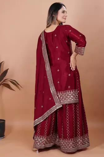 MAROON CHINON SILK  PARTY WEAR SUIT SET 