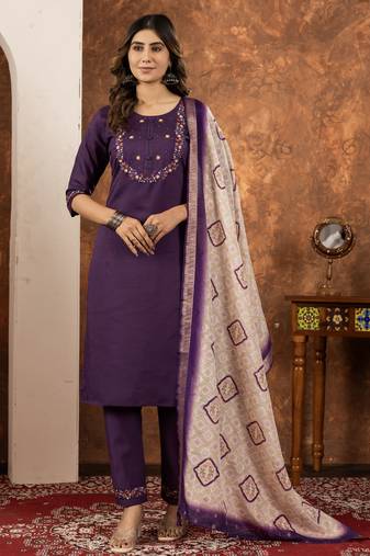 Wine Designer Straight Kurti Pant Dupatta Set With Embroidery And Hand Work