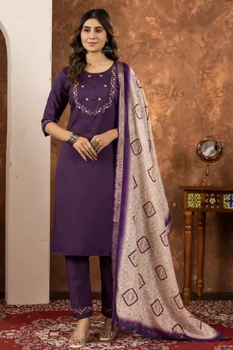 Wine Designer Straight Kurti Pant Dupatta Set With Embroidery And Hand Work