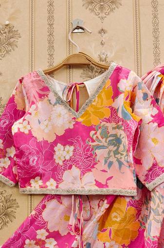 Pink printed chanderi silk lehenga and choli for girls