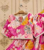 Pink printed chanderi silk lehenga and choli for girls