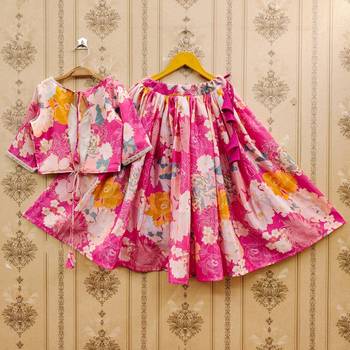 Pink printed chanderi silk lehenga and choli for girls 1