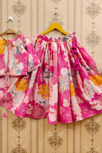 Pink printed chanderi silk lehenga and choli for girls