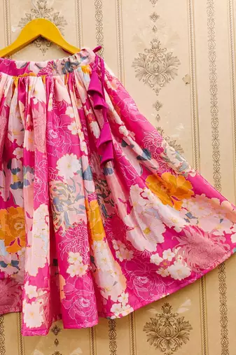 Pink printed chanderi silk lehenga and choli for girls