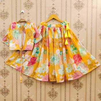 Yellow printed chanderi silk lehenga and choli for girls 2