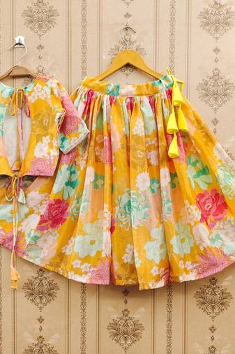 Yellow printed chanderi silk lehenga and choli for girls