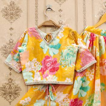 Yellow printed chanderi silk lehenga and choli for girls 3