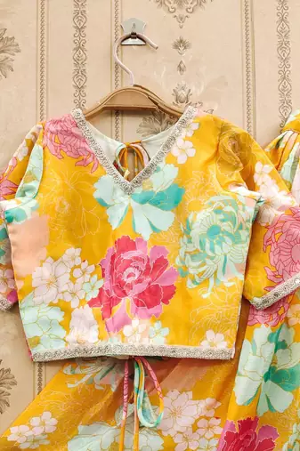 Yellow printed chanderi silk lehenga and choli for girls