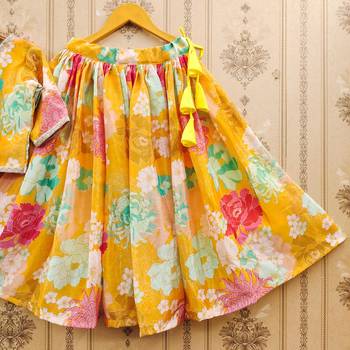 Yellow printed chanderi silk lehenga and choli for girls 4