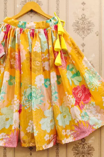 Yellow printed chanderi silk lehenga and choli for girls