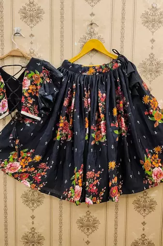 Black printed chanderi silk lehenga and choli for girls