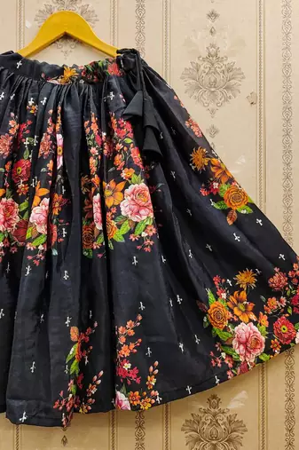 Black printed chanderi silk lehenga and choli for girls