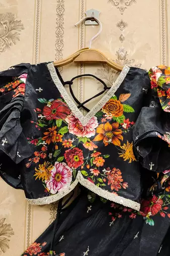 Black printed chanderi silk lehenga and choli for girls