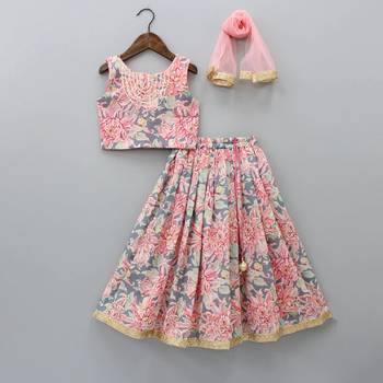pink floral printed reyon lehenga choli with embroidery work festive wear kids lehenga with dupatta 1