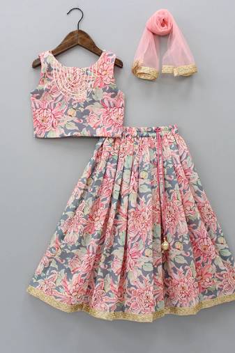 pink floral printed reyon lehenga choli with embroidery work – festive wear kids lehenga with dupatta