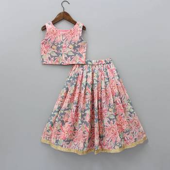 pink floral printed reyon lehenga choli with embroidery work festive wear kids lehenga with dupatta 2