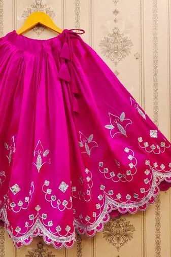 Pink embroidered taffeta lehenga and choli for girls
