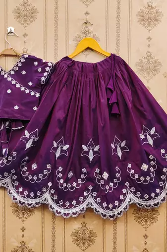 Purple embroidered taffeta lehenga and choli for girls