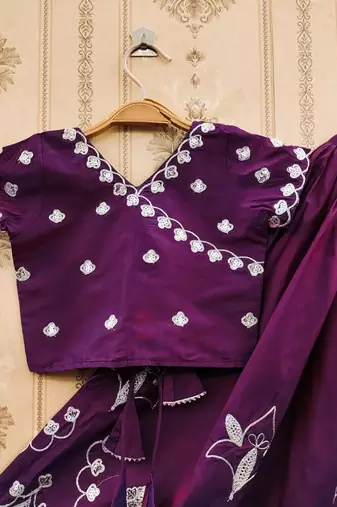 Purple embroidered taffeta lehenga and choli for girls