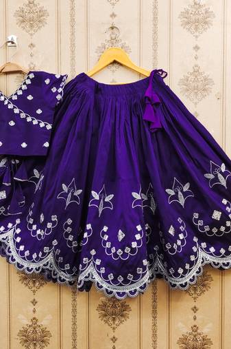 Blue embroidered taffeta lehenga and choli for girls