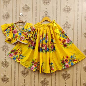 Yellow printed chanderi silk lehenga and choli for girls 1