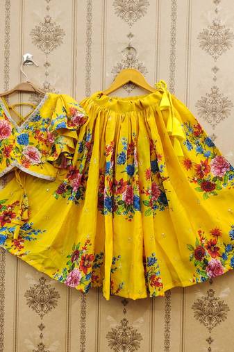 Yellow printed chanderi silk lehenga and choli for girls