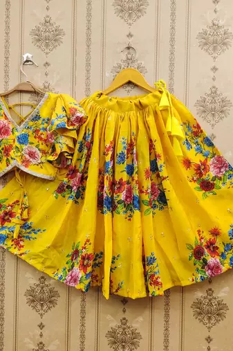 Yellow printed chanderi silk lehenga and choli for girls