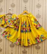 Yellow printed chanderi silk lehenga and choli for girls