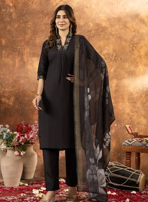 Black Designer Straight Kurti Pant Dupatta Set With Embroidery And Hand Work 1