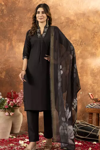 Black Designer Straight Kurti Pant Dupatta Set With Embroidery And Hand Work