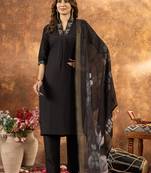 Black Designer Straight Kurti Pant Dupatta Set With Embroidery And Hand Work