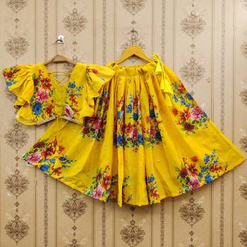 Yellow printed chanderi silk lehenga and choli for girls 3