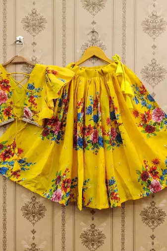 Yellow printed chanderi silk lehenga and choli for girls