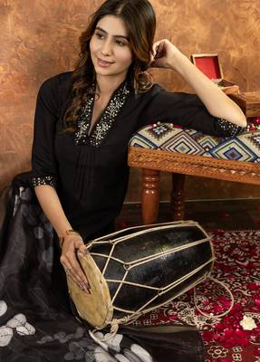 Black Designer Straight Kurti Pant Dupatta Set With Embroidery And Hand Work 3