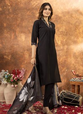 Black Designer Straight Kurti Pant Dupatta Set With Embroidery And Hand Work 4