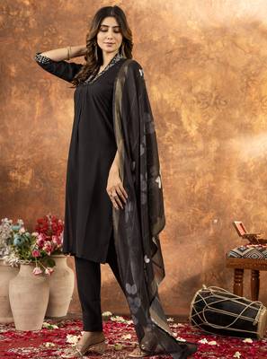 Black Designer Straight Kurti Pant Dupatta Set With Embroidery And Hand Work 5