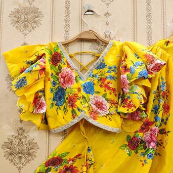 Yellow printed chanderi silk lehenga and choli for girls 4