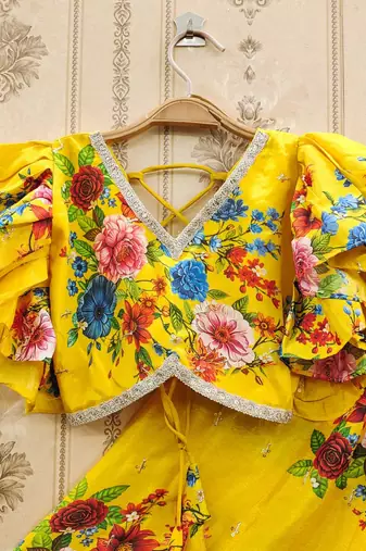 Yellow printed chanderi silk lehenga and choli for girls