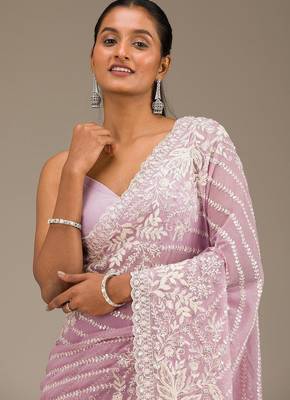 Pink thread sequin work Faux Georgette Saree 1
