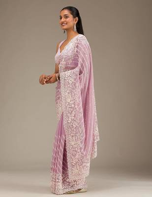 Pink thread sequin work Faux Georgette Saree 3