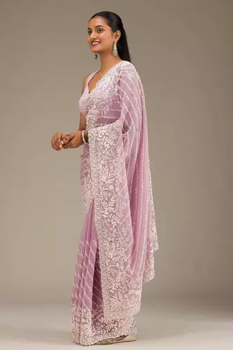 Pink thread sequin work Faux Georgette Saree