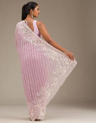 Pink thread sequin work Faux Georgette Saree 4
