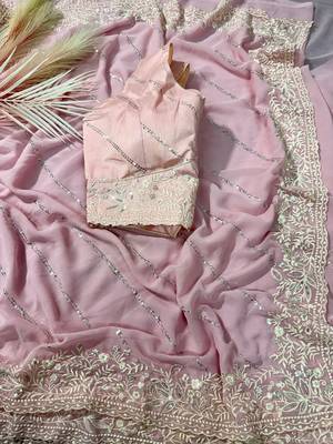 Pink thread sequin work Faux Georgette Saree 5