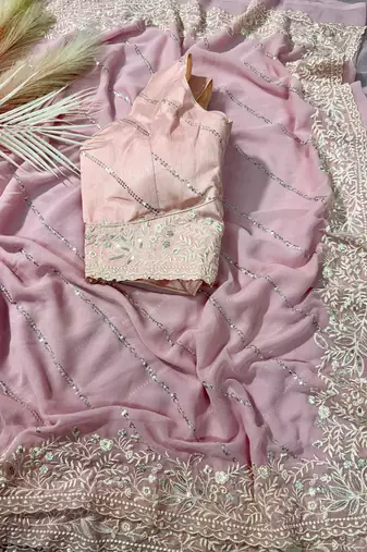 Pink thread sequin work Faux Georgette Saree