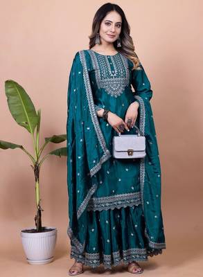 DARK GREEN CHINON SILK EMBROIDERY PARTY WEAR SILK SUIT SET  1