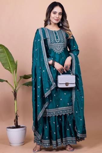 DARK GREEN CHINON SILK EMBROIDERY PARTY WEAR SILK SUIT SET 
