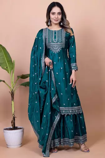 DARK GREEN CHINON SILK EMBROIDERY PARTY WEAR SILK SUIT SET 